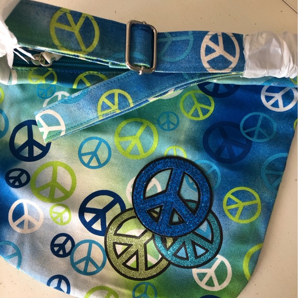 Blue Green Peace Sign Cotton Canvas Crossbody Shoulder Bag Bohemian Hippie Bag - Picture 2 of 14